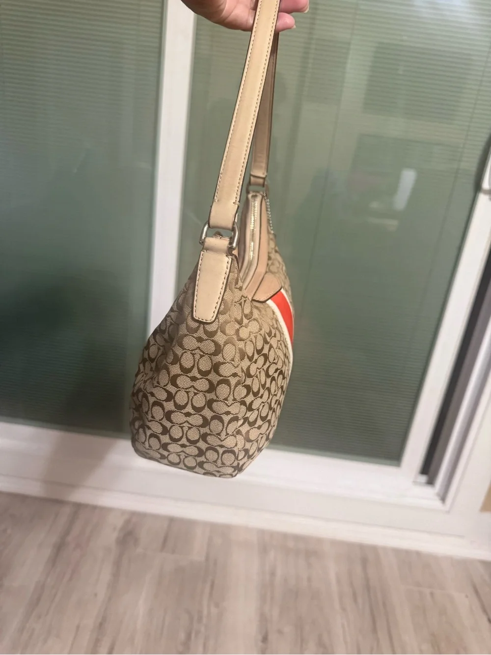 Coach Signature Monogram Shoulder Bag with Coral Stripe